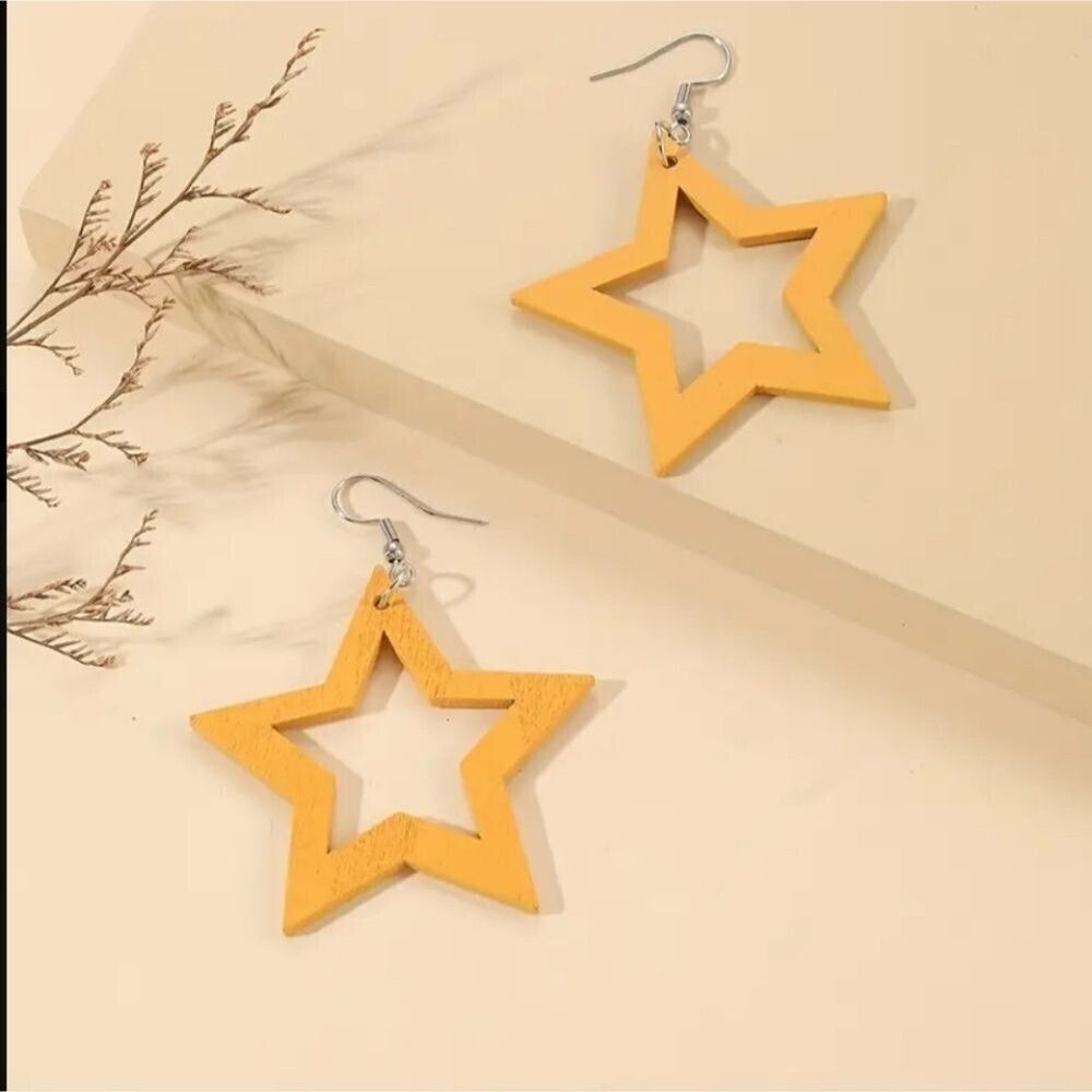 Mustard yellow wood star shape lightweight earrings